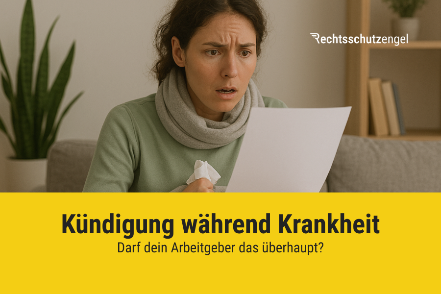 Eine erkältete Frau mit Schal und Taschentuch sitzt auf dem Sofa und schaut schockiert auf ein Dokument.